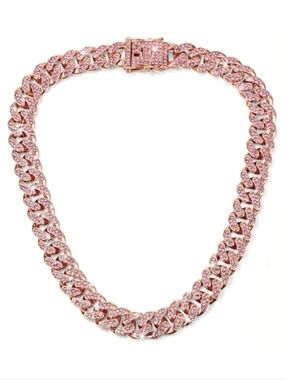 Rose Gold Pink Rhinestone Choker Iced Links Necklace Sparkly CZ Bling Cuban Link